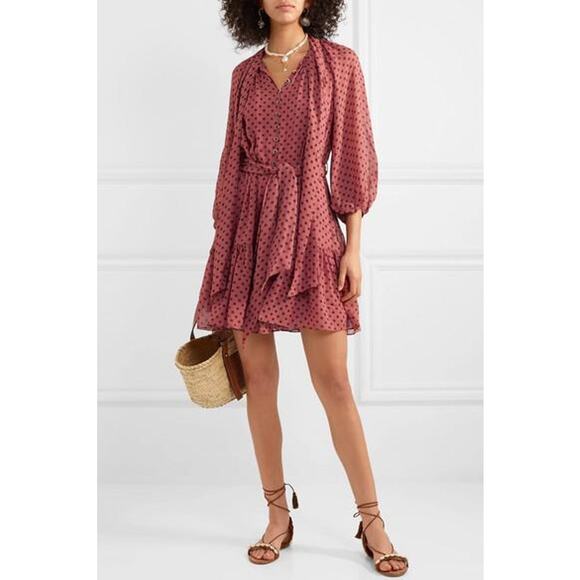 Zimmermann Polka Dot Bow Chiffon Mini Dress in Burgundy - Picture 3 of 14